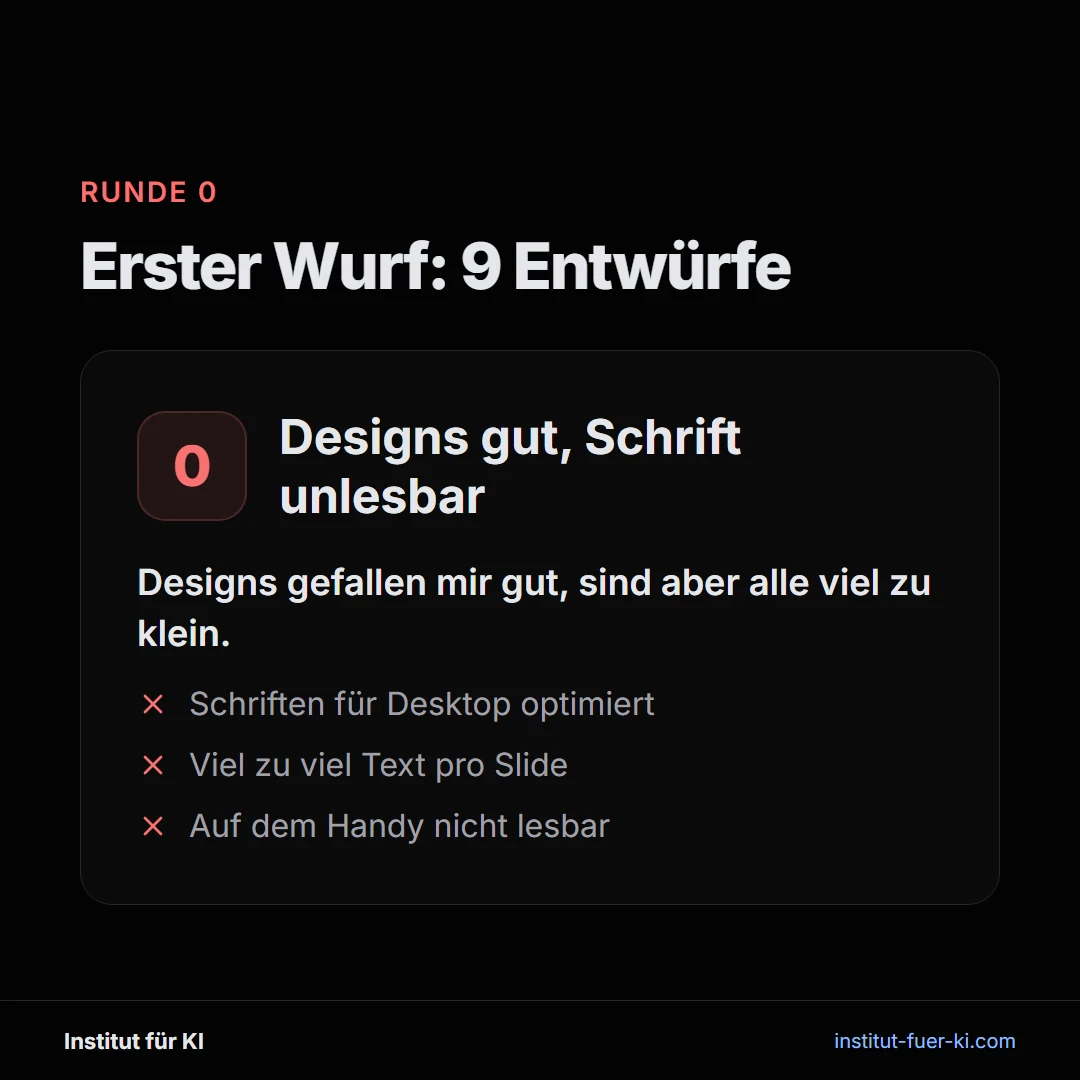Runde 0: Erste Entwürfe für LinkedIn Posts sind designmäßig gut, aber zu klein